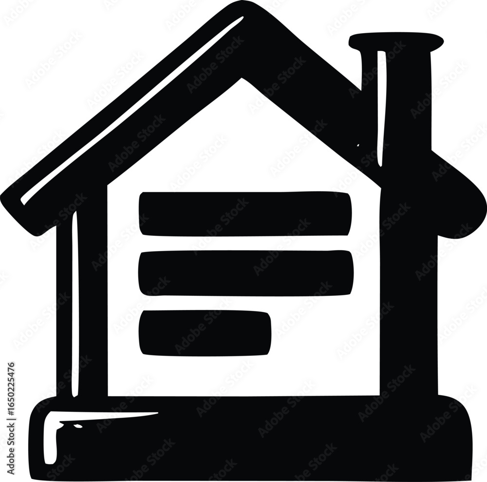 Poster simple black and white sketch of a house with three horizontal lines inside representing text or inf