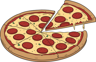 Delicious Pizza Design Illustration. Tasty Pizza Design with Cheese and Toppings. Pizza Design for Italian Food Art. Fresh Baked Pizza Design Isolated on White Background. Traditional Pizza Design