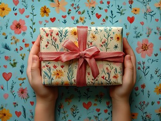 Gift Box Wrapped in Floral Paper with Red Ribbon Held by Hands Against Blue Floral Background
