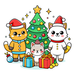 santa claus with gifts Cute Christmas cats drawing
