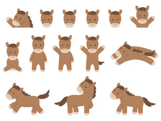 かわいい馬のベクターイラストセット。干支、十二支、午、うま、アイコン、午年、年賀状