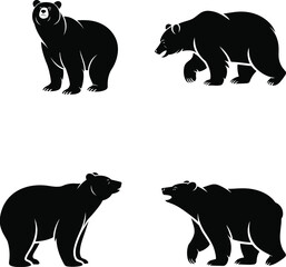 Bear silhouette vector set, standing bear, walking bear, roaring bear, wildlife animal, black illustration, predator design, nature art, forest mammal