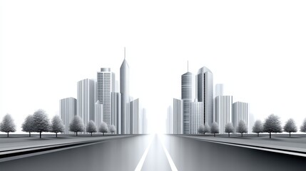 Fototapeta premium Futuristic city skyline with sleek buildings and a clear, open road ahead.
