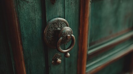 Fototapeta premium An intricately carved mint green doors showcases exquisite craftsmanship and traditional cultural artistry in architectural design.