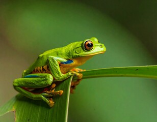 Naklejka premium Vibrant green tree frog perches gracefully on a leaf against serene background
