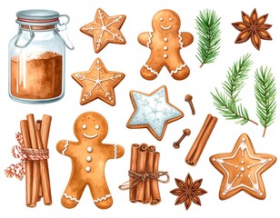Watercolor Christmas Baking Spices and Cookies Arrangement Festive Elements