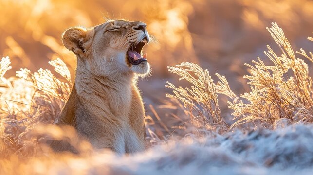 Lioness yawns in golden sunrise