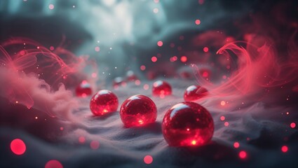 Floating red spheres surrounded by smoke and light create a dreamy scene