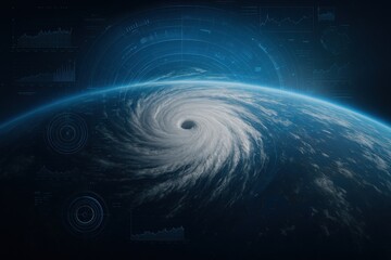 climate data visualization. A swirling hurricane over Earth with digital data overlays and graphs depicting weather patterns.