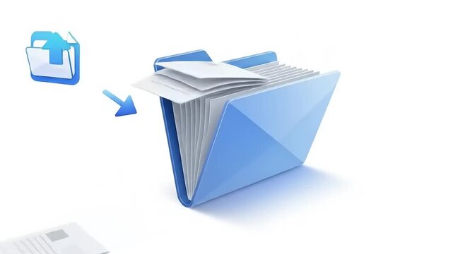 A modern blue folder overflowing with documents, symbolizing organization and productivity in an office
