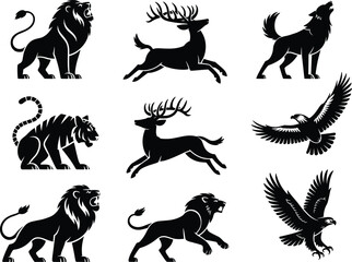 Wild animal silhouette vector set, lion, tiger, wolf, eagle, deer, hunting design, wildlife illustration, nature art, predator icons
