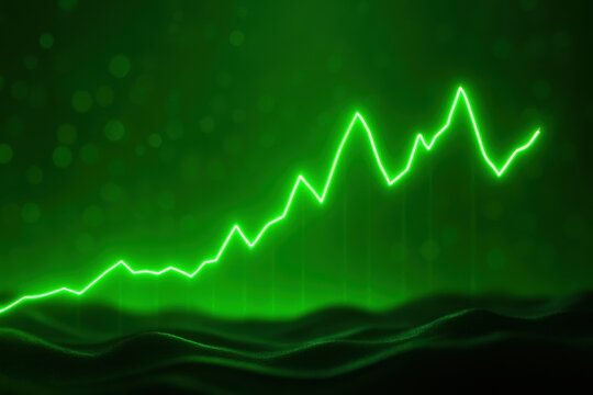 climate data visualization. Green digital graph with rising trend lines over a dynamic background.