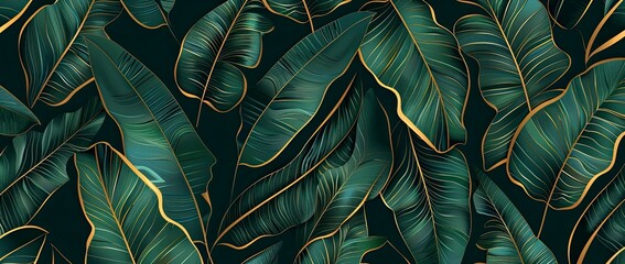 Lush green banana leaves with gold accents, seamless pattern, tropical backdrop for textile design