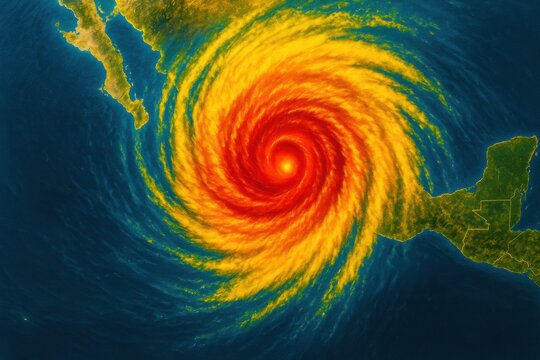 climate data visualization. Vibrant satellite image of a hurricane swirling over ocean waters.