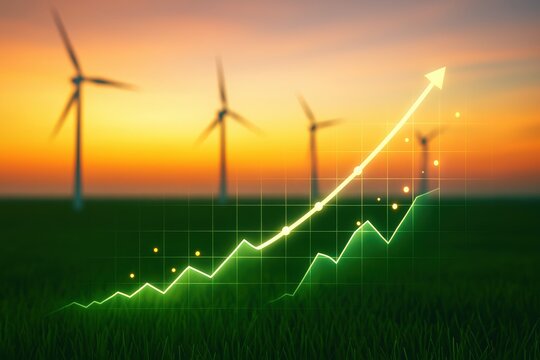 climate data visualization. Wind turbines against a sunset with a rising graph symbolizing growth and renewable energy.
