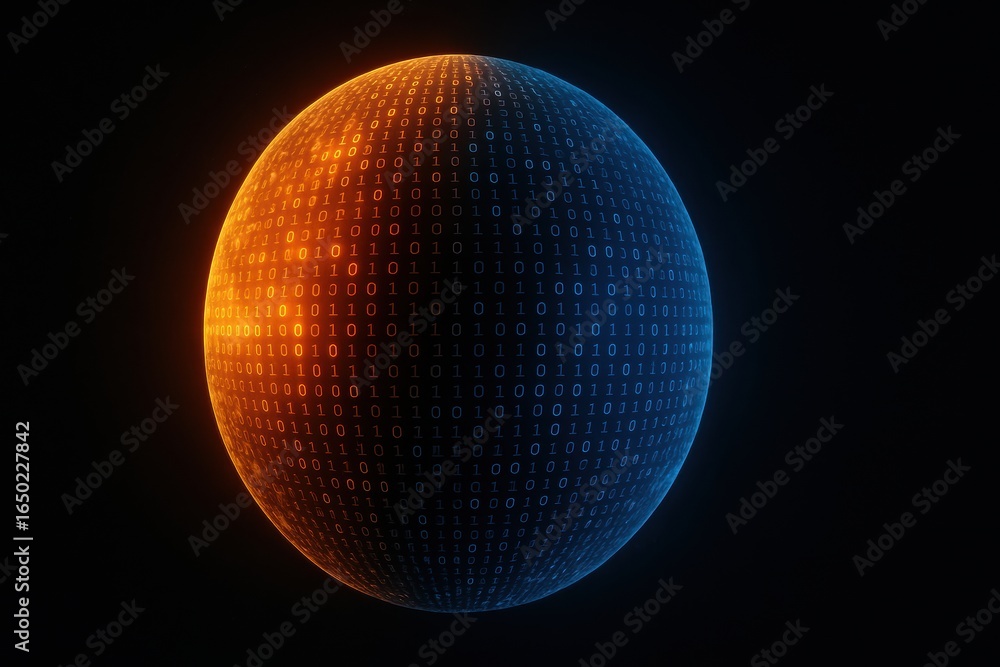 Poster climate data visualization. a glowing globe covered in binary code against a dark background, symbol