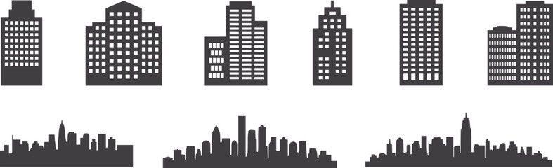 City skyline silhouettes, modern building icons, urban architecture design, cityscape vector, downtown skyline, skyscraper shapes, real estate symbols, business district graphics © Akaza