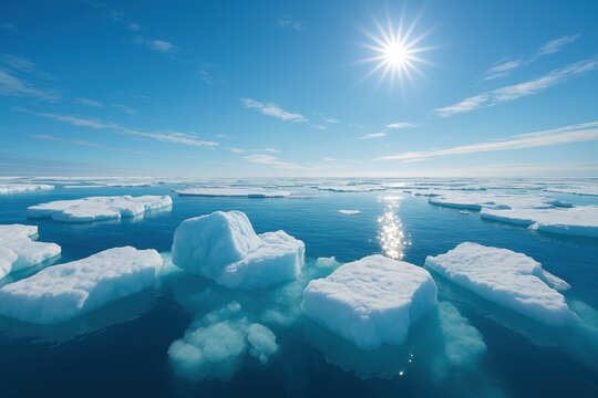 climate data visualization. A serene view of icebergs floating in clear blue waters under a bright sun. - Powered by Adobe