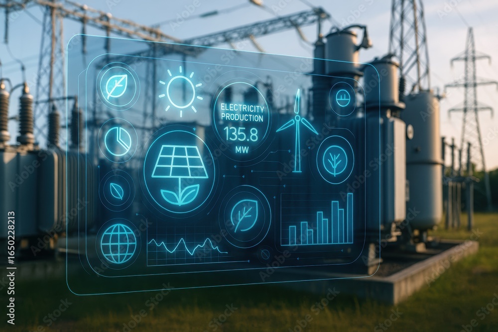 Poster climate data visualization. digital interface displaying electric production data over power station
