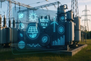 climate data visualization. Digital interface displaying electric production data over power station background.
