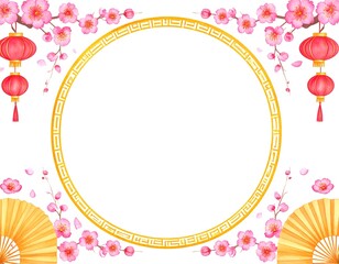 Naklejka premium Watercolor lunar new year frame with lanterns and cherry blossoms decoration