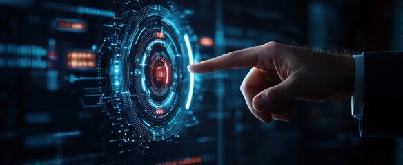Fototapeta premium Close up of businessman hand pointing at abstract glowing max and min scale hologram on dark background. Volume control and future concept