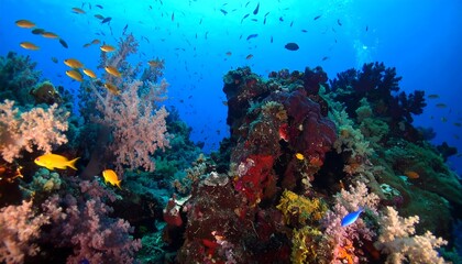 Fototapeta premium Vibrant coral reef teeming with colorful fish.