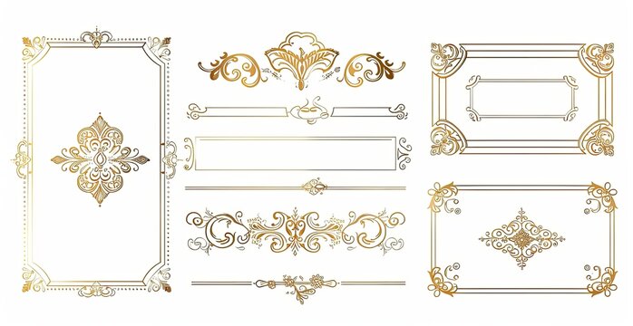 Golden ornate frames and dividers on white, design elements