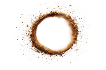 Abstract brown ring dust explosion, powder circle, particle burst, frame element, golden sand, swirl effect, isolated on transparent background