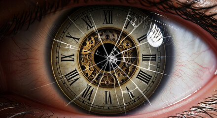 Ultra-realistic macro close-up of a human eye, iris replaced by an antique mechanical clock with roman numerals, cracked glass surface, visible metal gears and cogs, cinematic lighting,