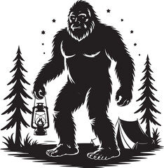Fototapeta premium Bigfoot camping with lantern under starry night sky