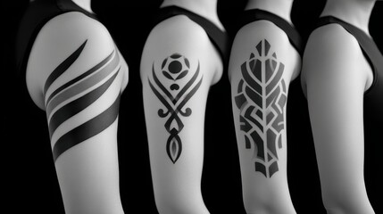Elegant black tattoos on three female arms against a dark background.