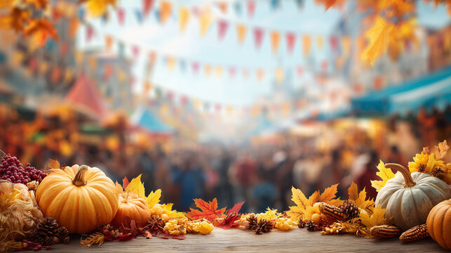 Festival de Oto&ntilde;o, bright autumn leaves and harvest decorations with blurred festival crowd behind 