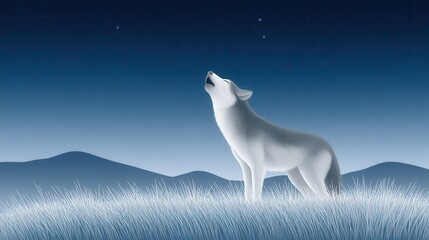 A ethereal white wolf howls under a starry night sky, conveying a sense of wild beauty.