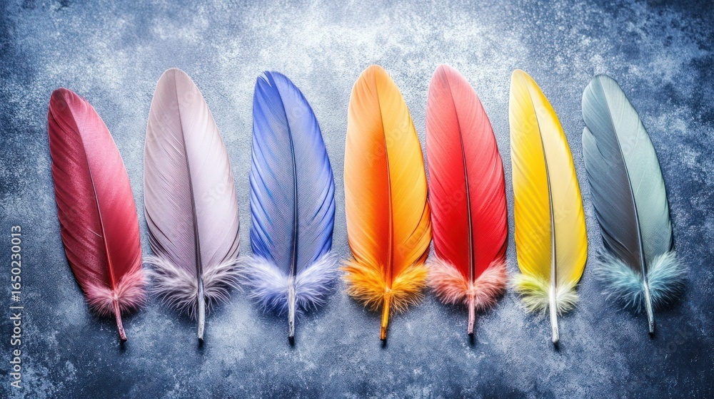 Poster colorful feathers arranged on textured background, abstract composition displaying colors