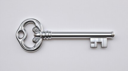 A detailed silver key showcasing intricate designs, symbolizing security and access.