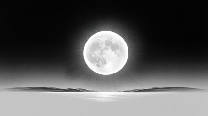 A radiant full moon illuminates a serene landscape in black and white.