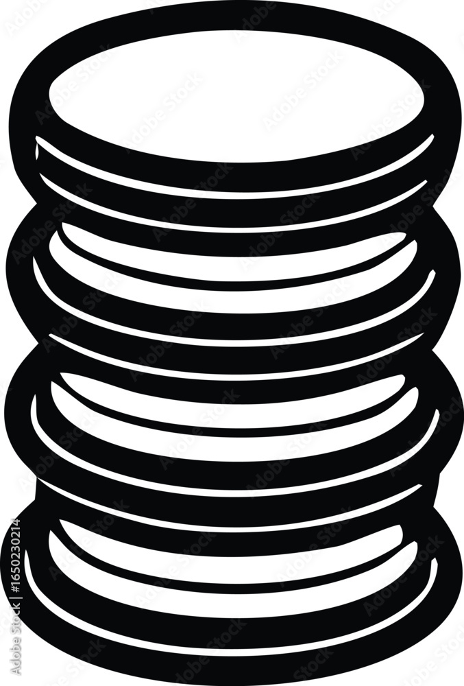 Poster a stylized black and white illustration of a stack of round flat objects possibly coins or plates wi