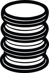 A stylized black and white illustration of a stack of round flat objects possibly coins or plates with distinct horizontal lines