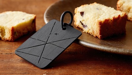 Dark rectangular tag sits beside slices of light-colored cake on a plate