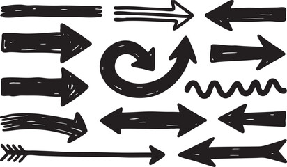 Set of diverse handdrawn arrows and directional signs isolated on white background