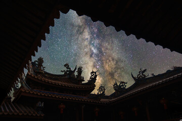 Majestic ancient Chinese temple under a starry night sky filled with the Milky Way