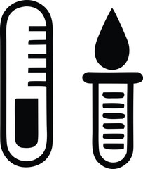 Two black and white scientific icons depicting a thermometer and a dropper with a liquid drop over a test tube
