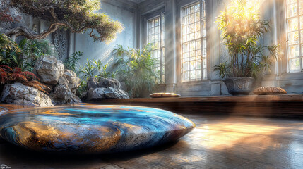 Serene indoor garden with sunlight filtering through windows and colorful stone centerpiece