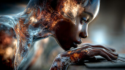 Futuristic humanoid figure with cosmic texture interacting with a surface in a surreal environment