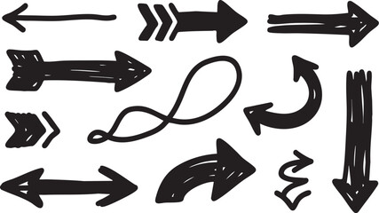 Various handdrawn arrow shapes and symbols isolated on white background