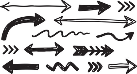 Various handdrawn arrow shapes and symbols isolated on white background
