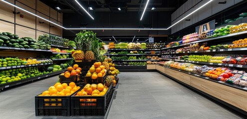 Produce section in modern grocery store, bright lighting, fresh fruits & vegetables