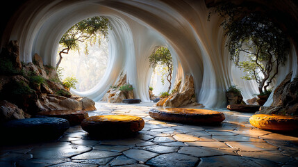 Nature-inspired cave interior with smooth surfaces and lush greenery creating a tranquil atmosphere