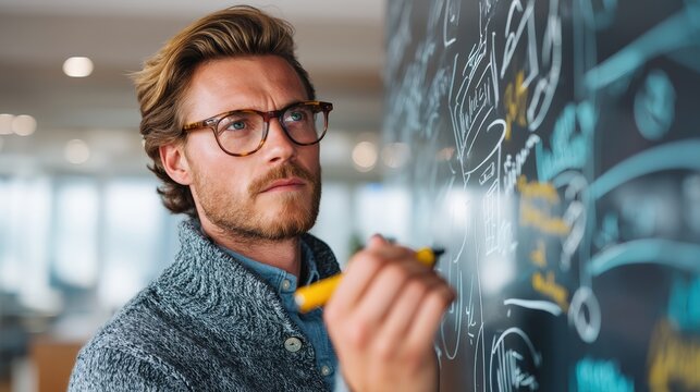 Experienced software architect sketching architecture diagrams on a whiteboard, thoughtful and precise, open-plan office with daylight,